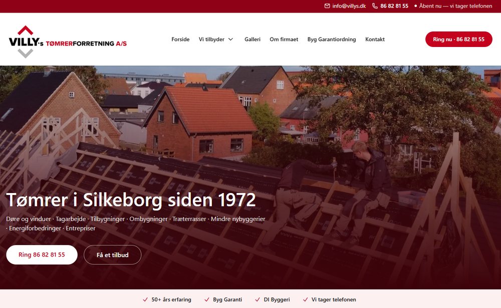 Skærmbillede af hjemmesiden for Villy's Tømrerforretning, bygget af Let Markedsføring